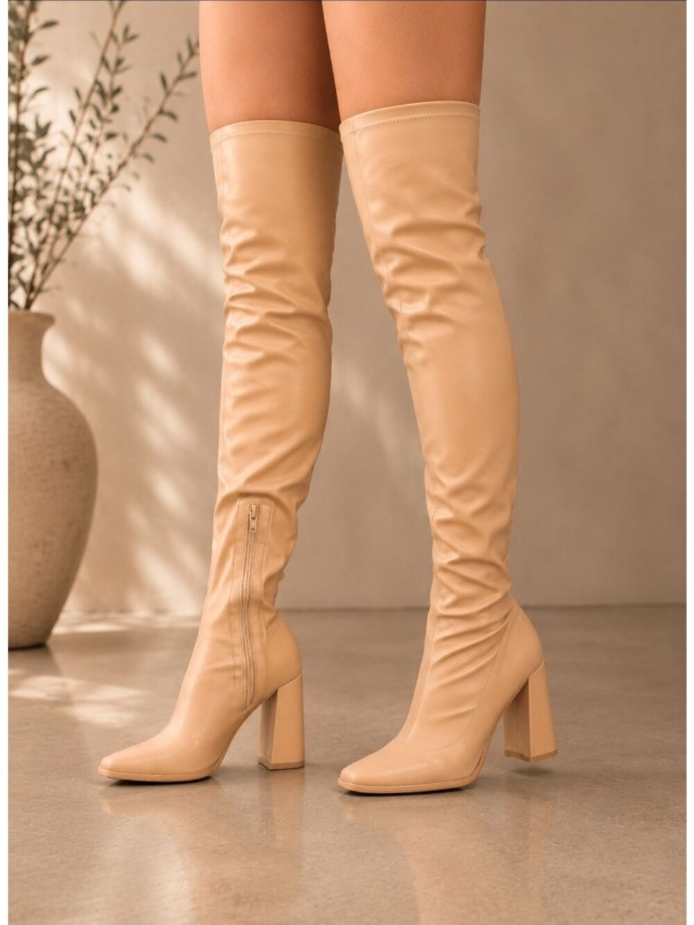 Over-The-Knee Block Heel Boots In Nude With Side Zipper Closure And Soft Faux Le